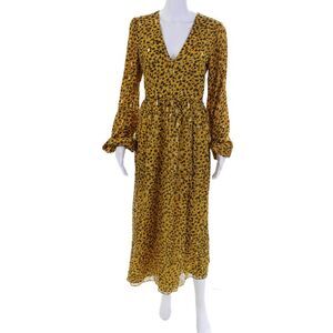 Saloni Womens Metallic Silk Blend V-Neck Long Sleeve Maxi Dress Yellow Size 4